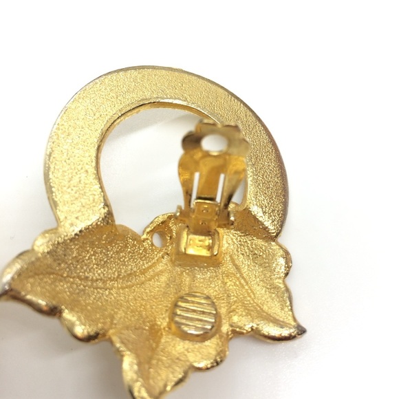 VINTAGE 80S 90S ORGANIC BRUSHED GOLD STATEMENT HOOP EARRING LEAVES PARISIAN CHIC - Picture 15 of 16